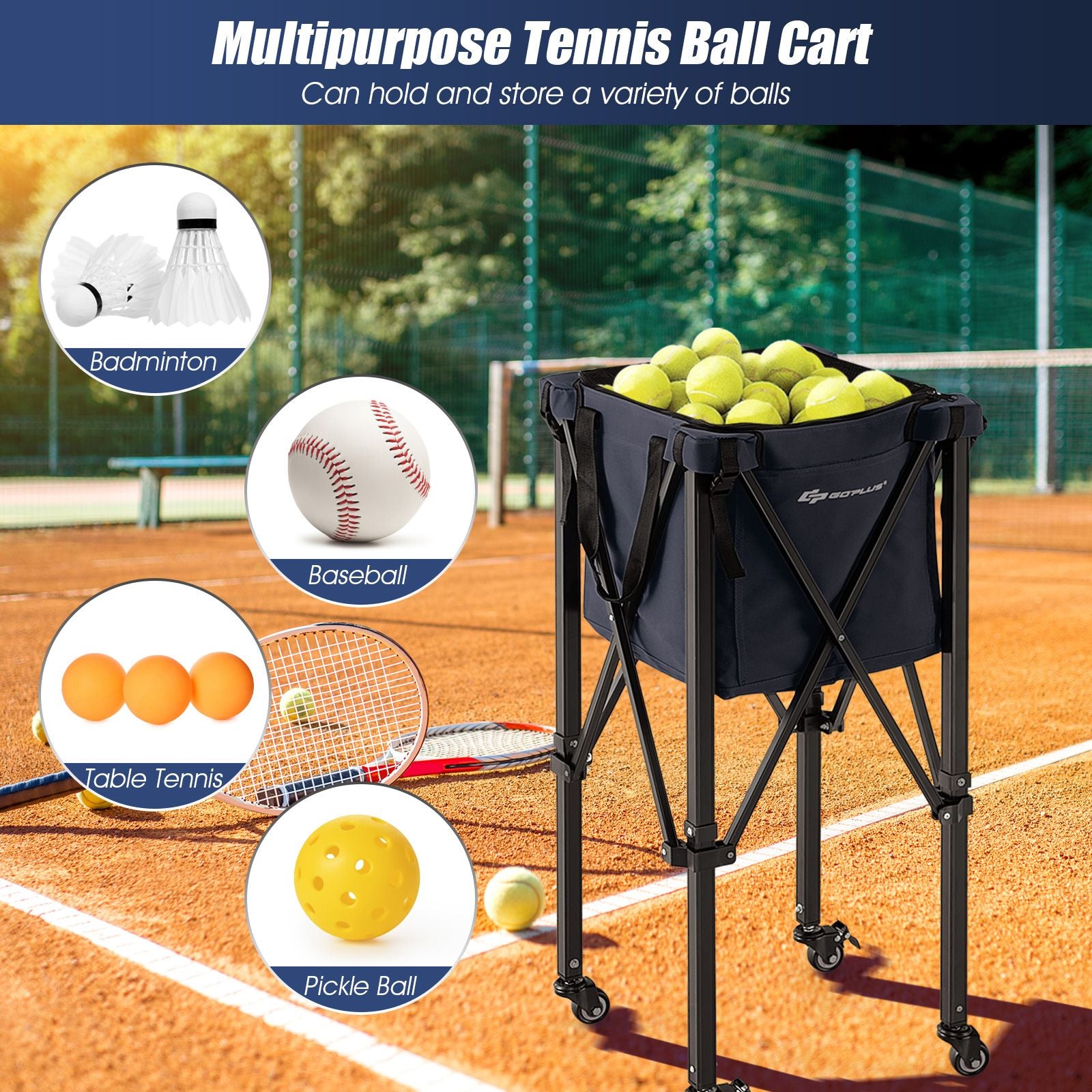 Foldable Aluminum Tennis Ball Cart Hopper Basket with Wheels
