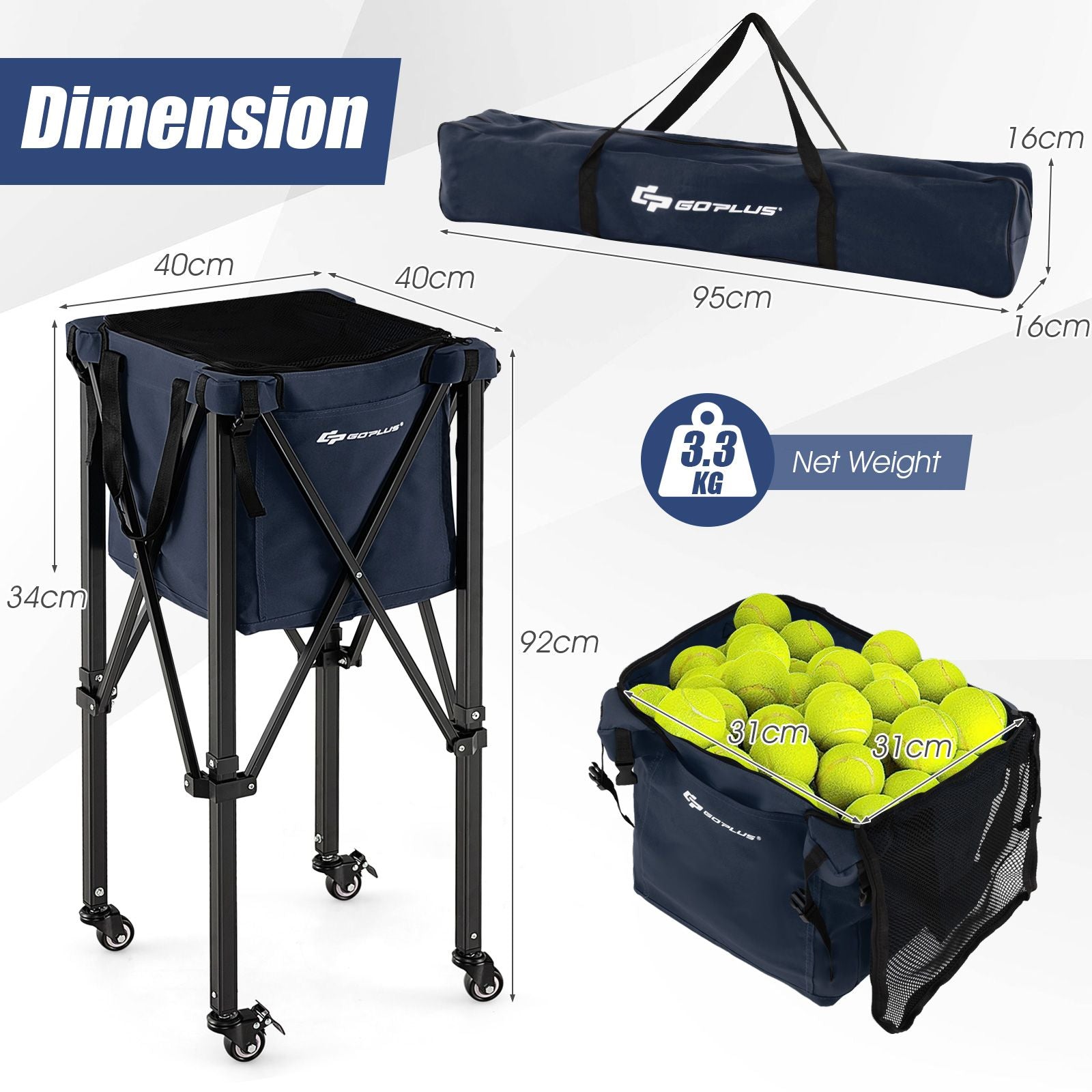 Foldable Aluminum Tennis Ball Cart Hopper Basket with Wheels